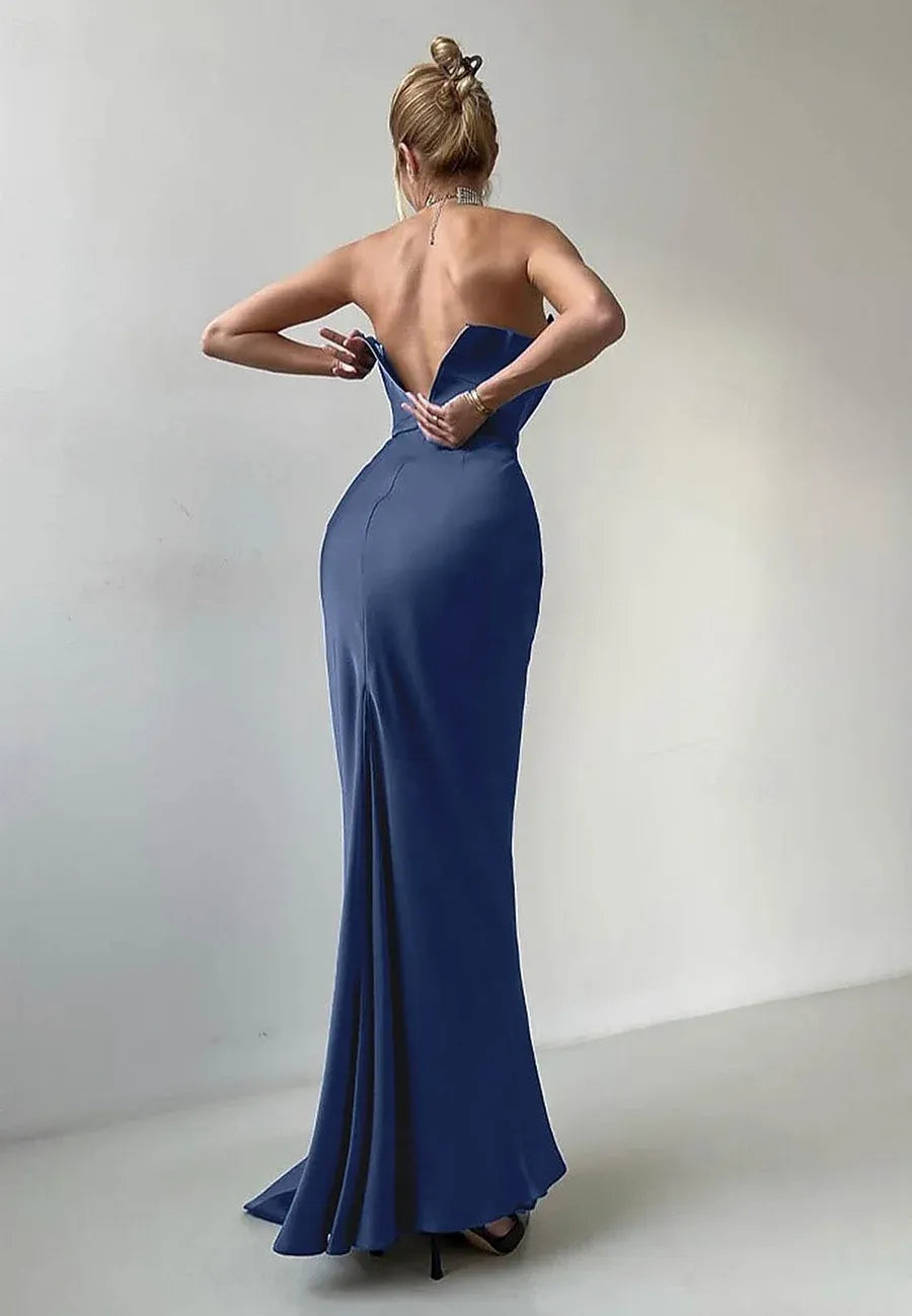 Navy Blue Sheath Strapless Evening Dress With Scarf Custom