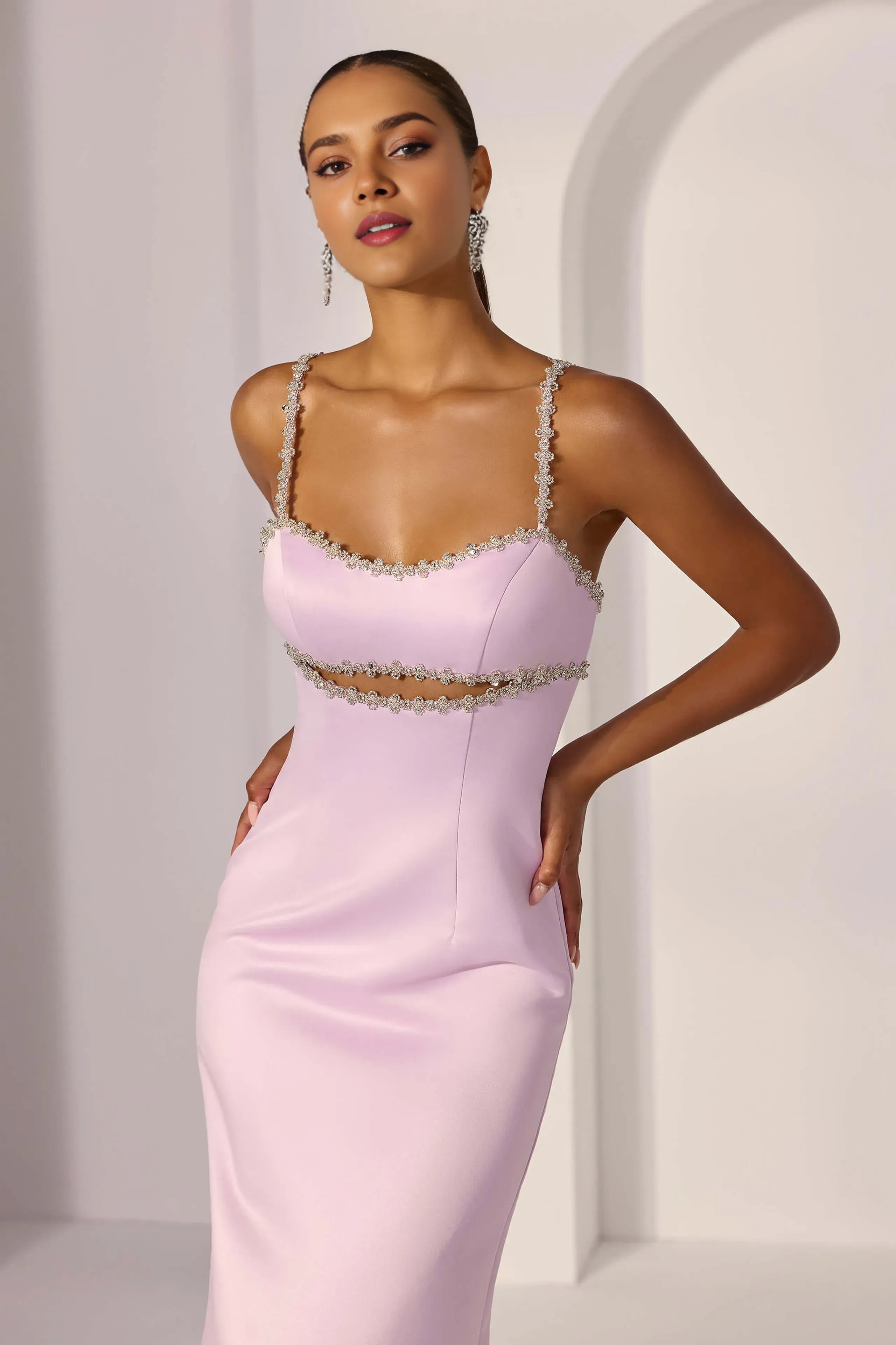 Sheath Sweetheart Neck Strap Back Zip Floor-Length Prom Dresses with Cutout Back Slit