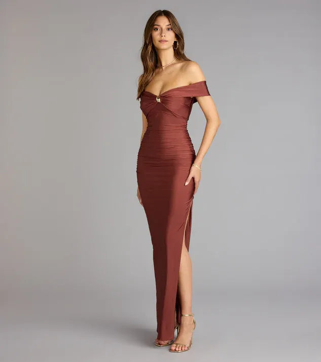 Sheath Sweetheart Neckline Off-Shoulder Ruched Floor-Length Subtle Side Slit Prom Dresses