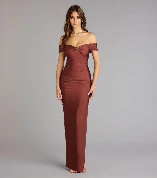 Sheath Sweetheart Neckline Off-Shoulder Ruched Floor-Length Subtle Side Slit Prom Dresses