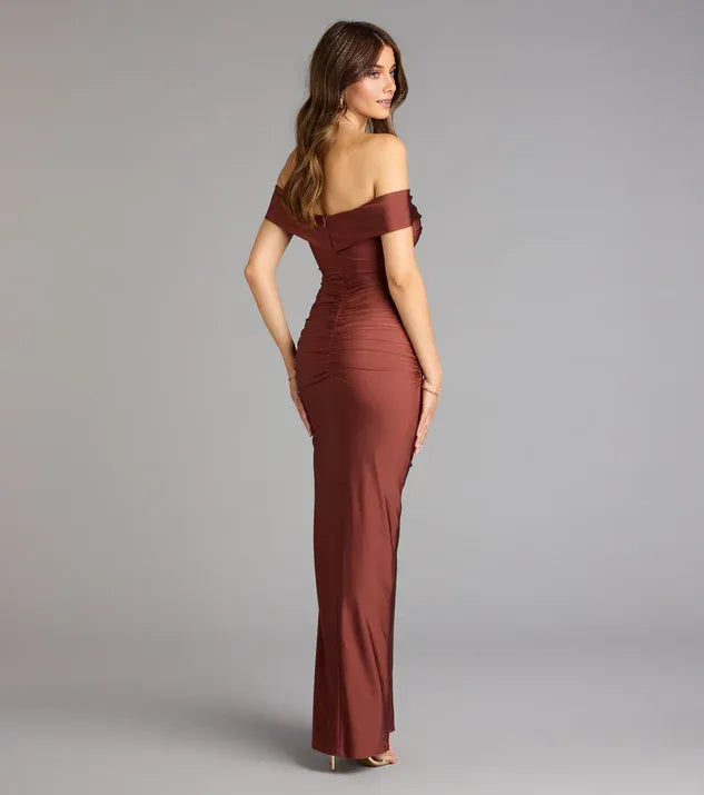 Sheath Sweetheart Neckline Off-Shoulder Ruched Floor-Length Subtle Side Slit Prom Dresses