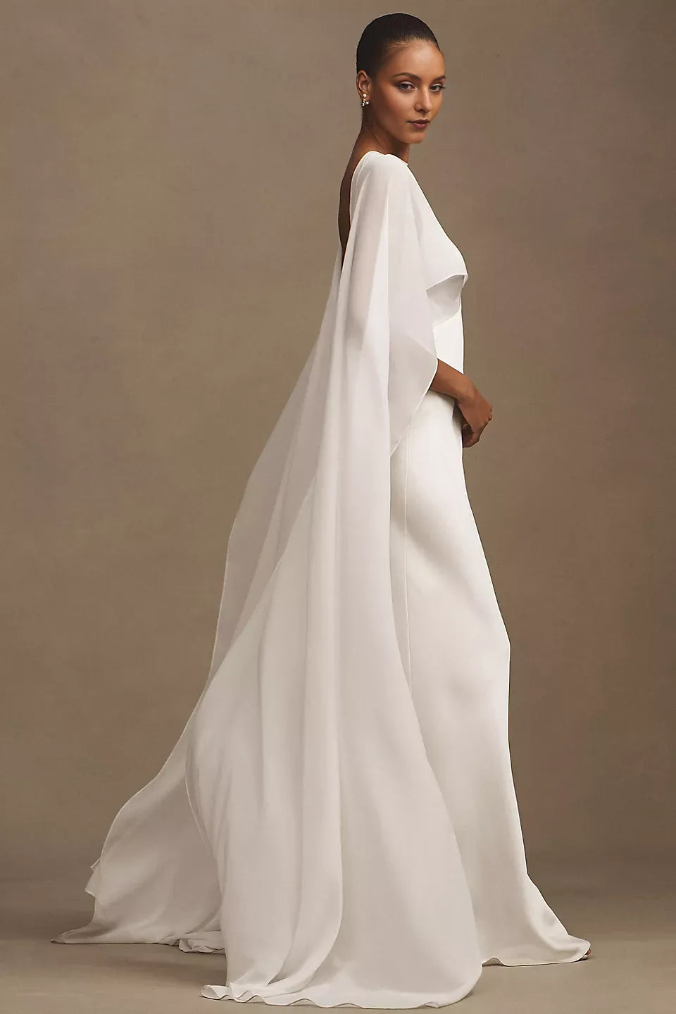 Sheath V-Neck Cape Sleeve Open-Back Floor-Length Wedding Dresses