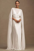 Sheath V-Neck Cape Sleeve Open-Back Floor-Length Wedding Dresses