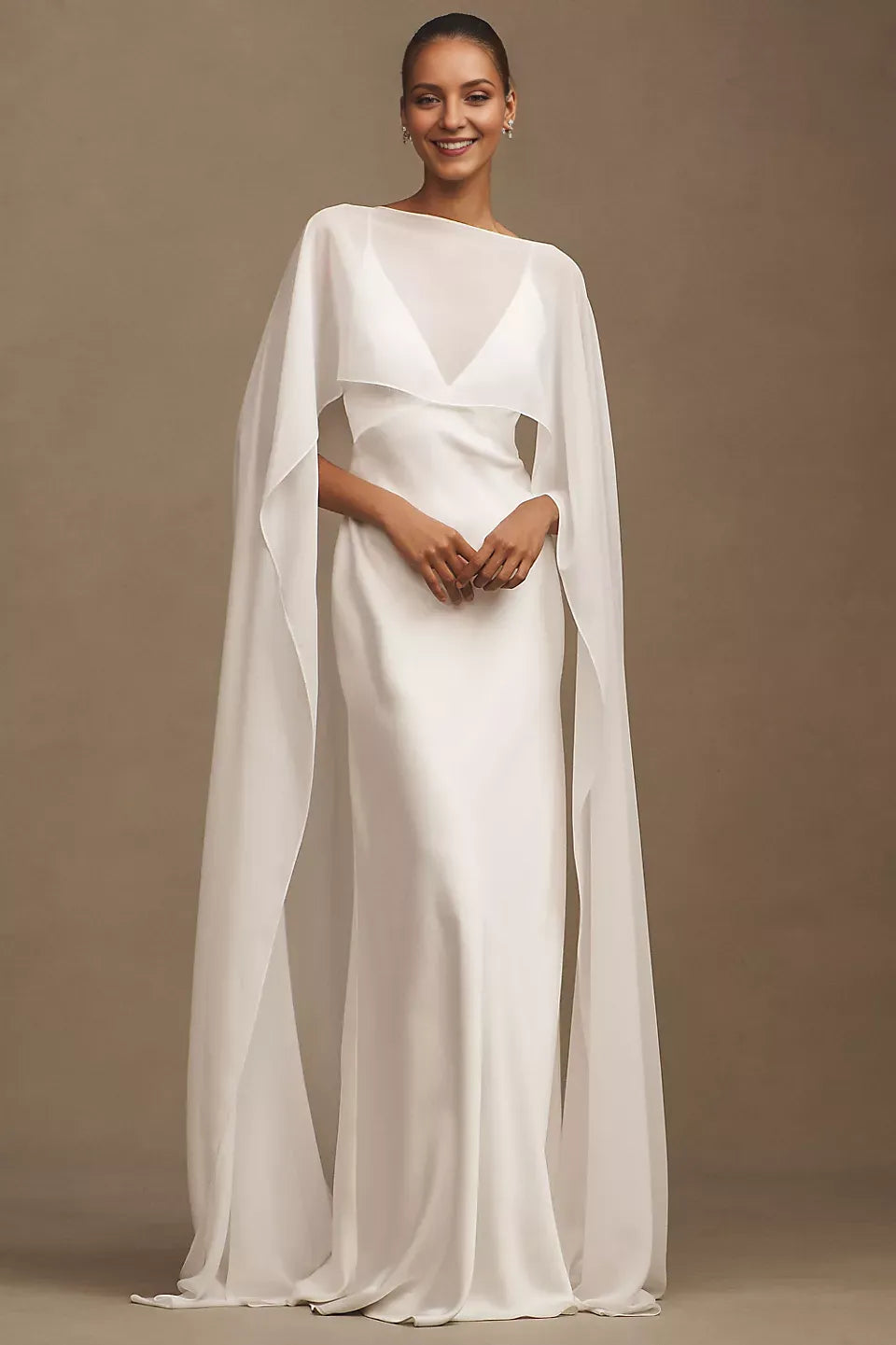 Sheath V-Neck Cape Sleeve Open-Back Floor-Length Wedding Dresses