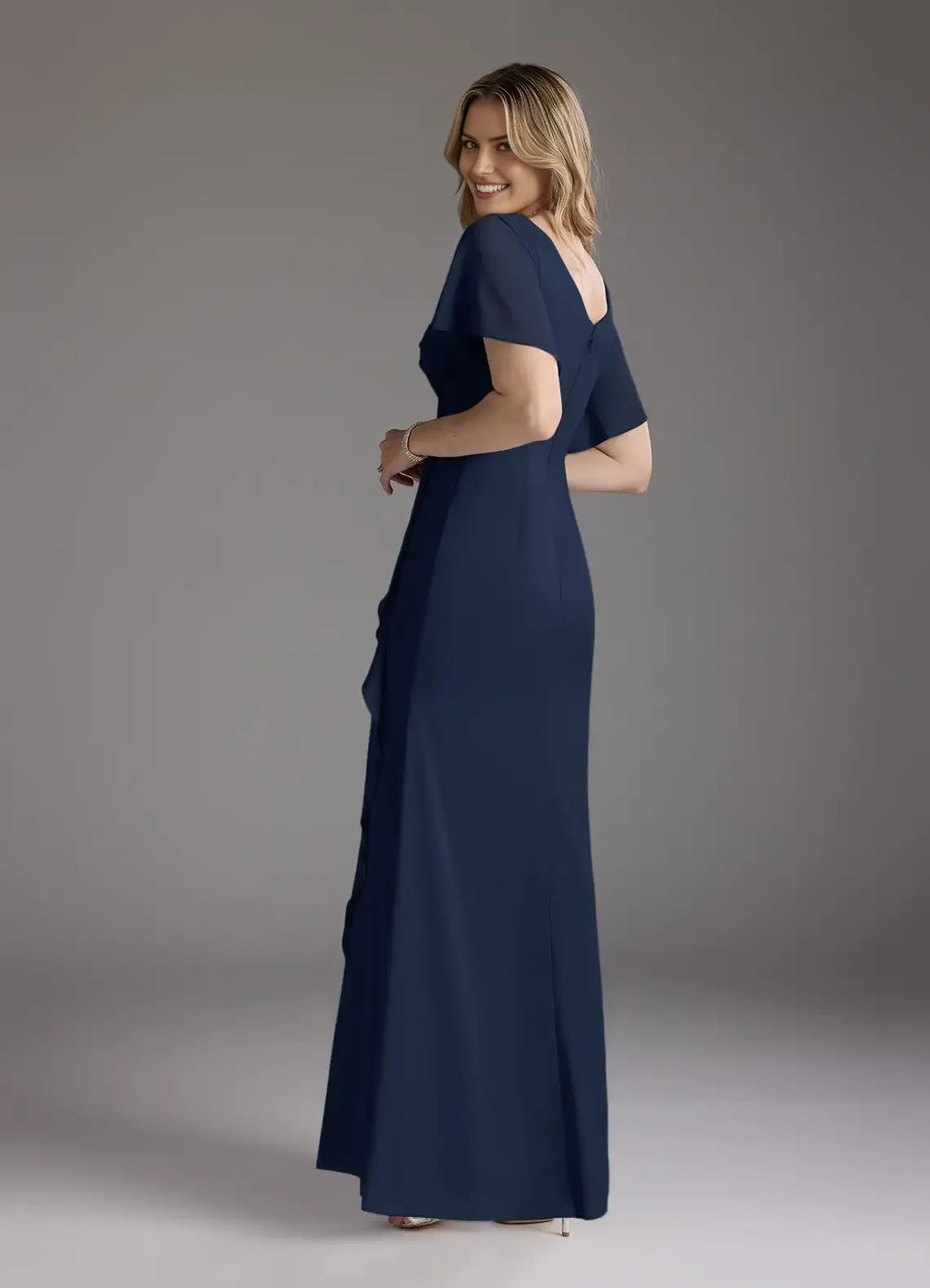 Sheath V-Neck Flutter-Sleeve Zip-Back Floor-Length Mermaid Bridesmaid Mother of the Bride Dress