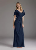 Sheath V-Neck Flutter-Sleeve Zip-Back Floor-Length Mermaid Bridesmaid Mother of the Bride Dress