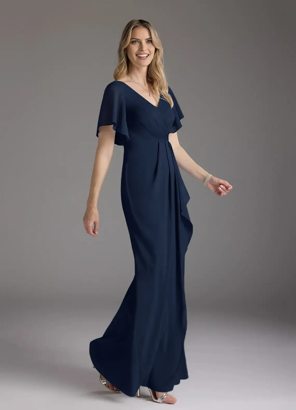 Sheath V-Neck Flutter-Sleeve Zip-Back Floor-Length Mermaid Bridesmaid Mother of the Bride Dress