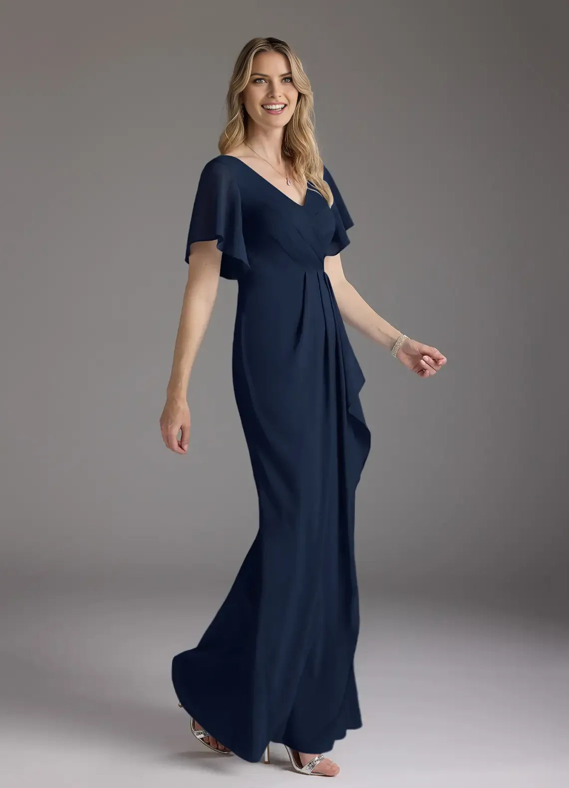 Sheath V-Neck Flutter-Sleeve Zip-Back Floor-Length Mermaid Bridesmaid Mother of the Bride Dress