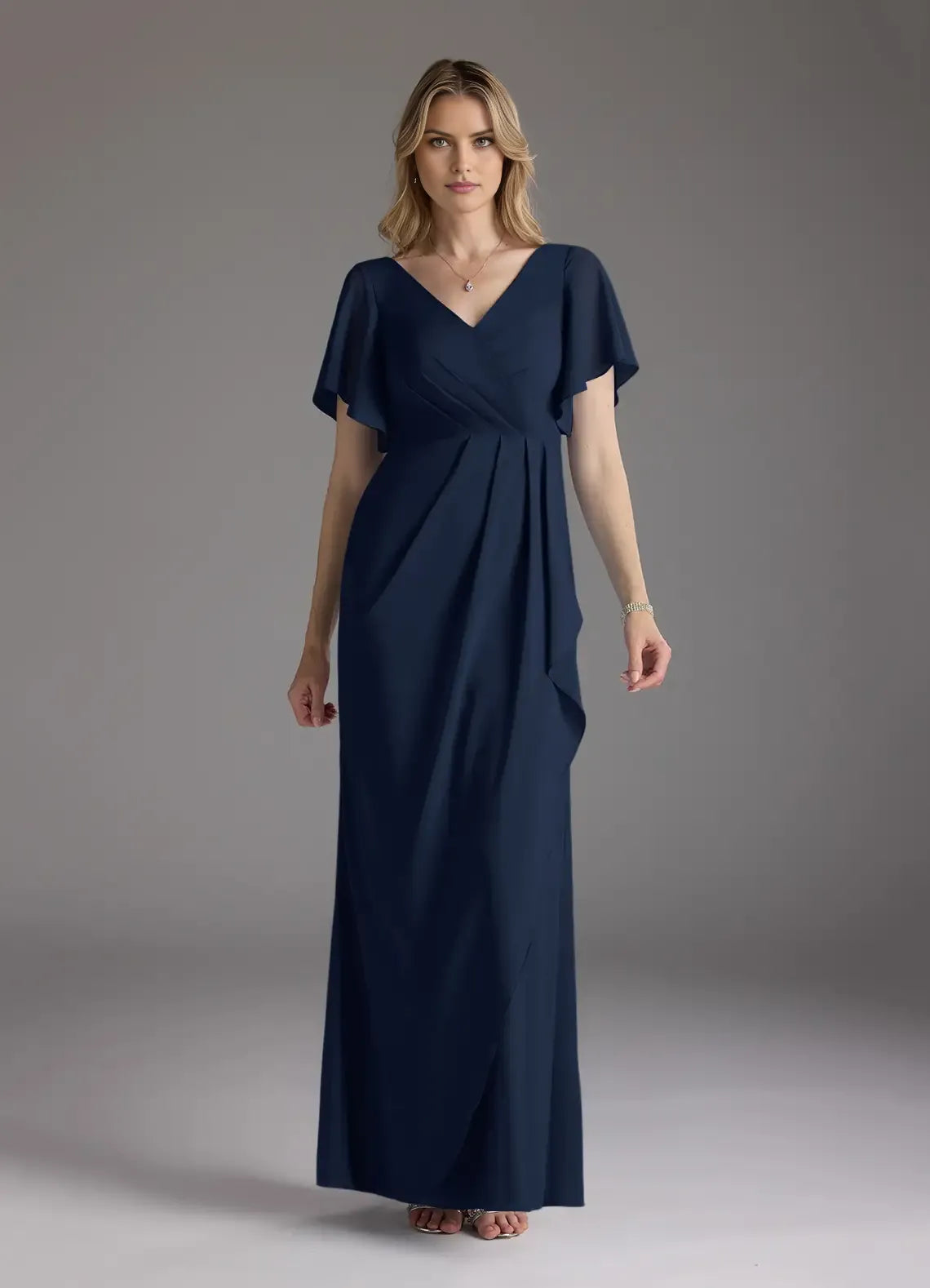 Sheath V-Neck Flutter-Sleeve Zip-Back Floor-Length Mermaid Bridesmaid Mother of the Bride Dress
