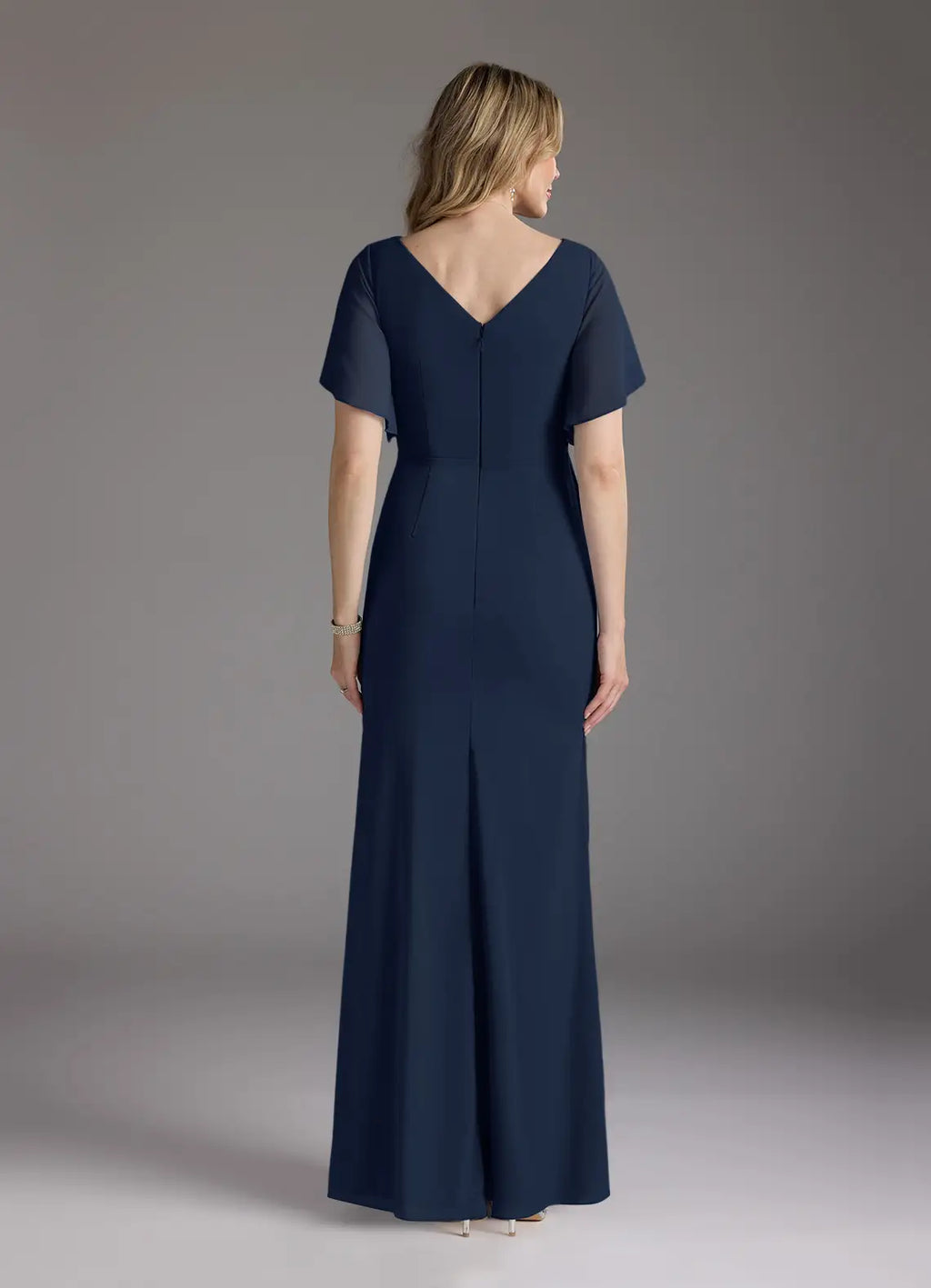Sheath V-Neck Flutter-Sleeve Zip-Back Floor-Length Mermaid Bridesmaid Mother of the Bride Dress