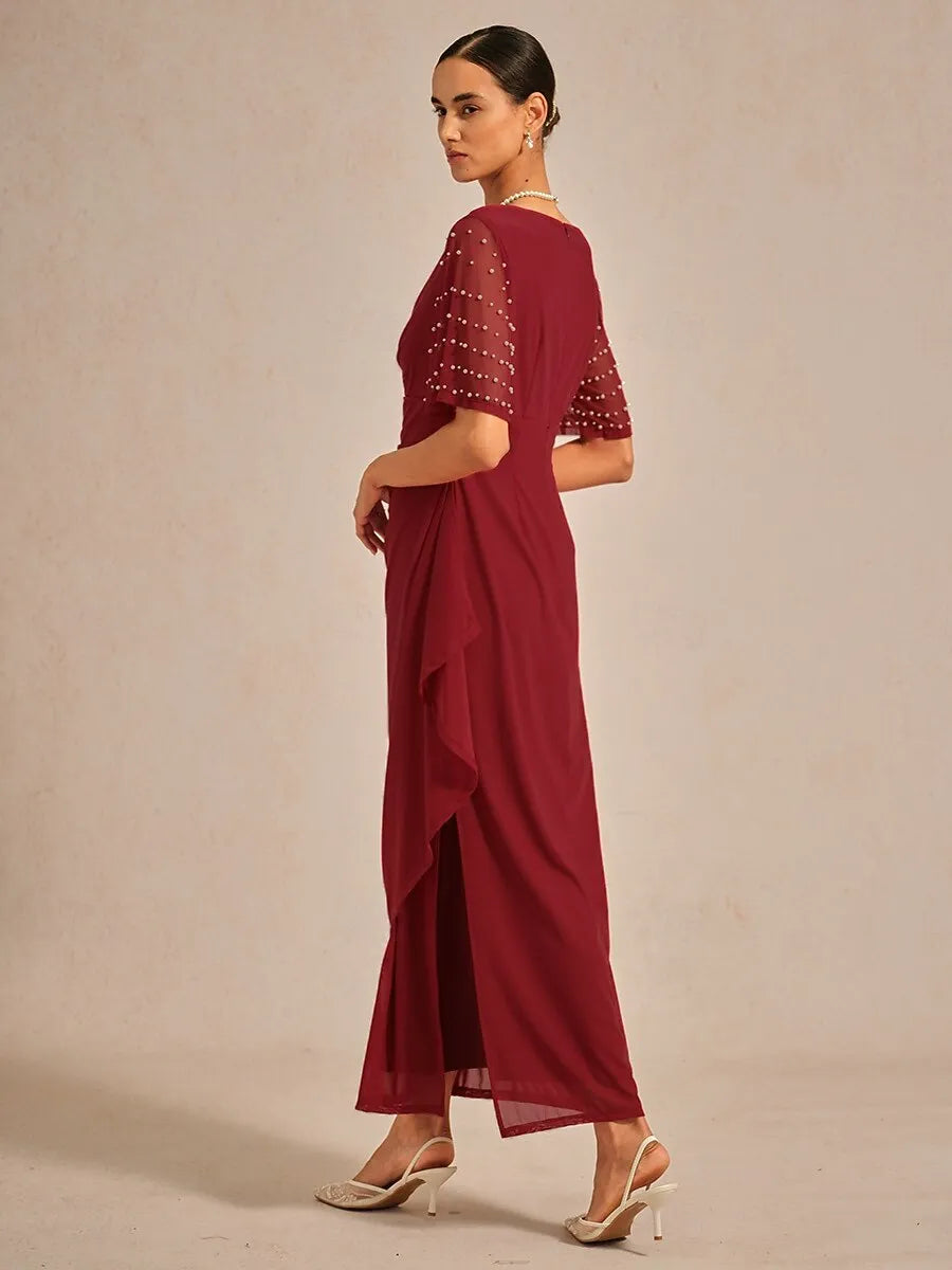 Red Sheath V-Neck Half Sleeve Beaded Maxi Evening Dress