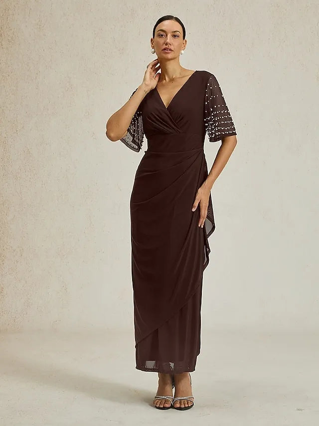 Red Sheath V-Neck Half Sleeve Beaded Maxi Evening Dress