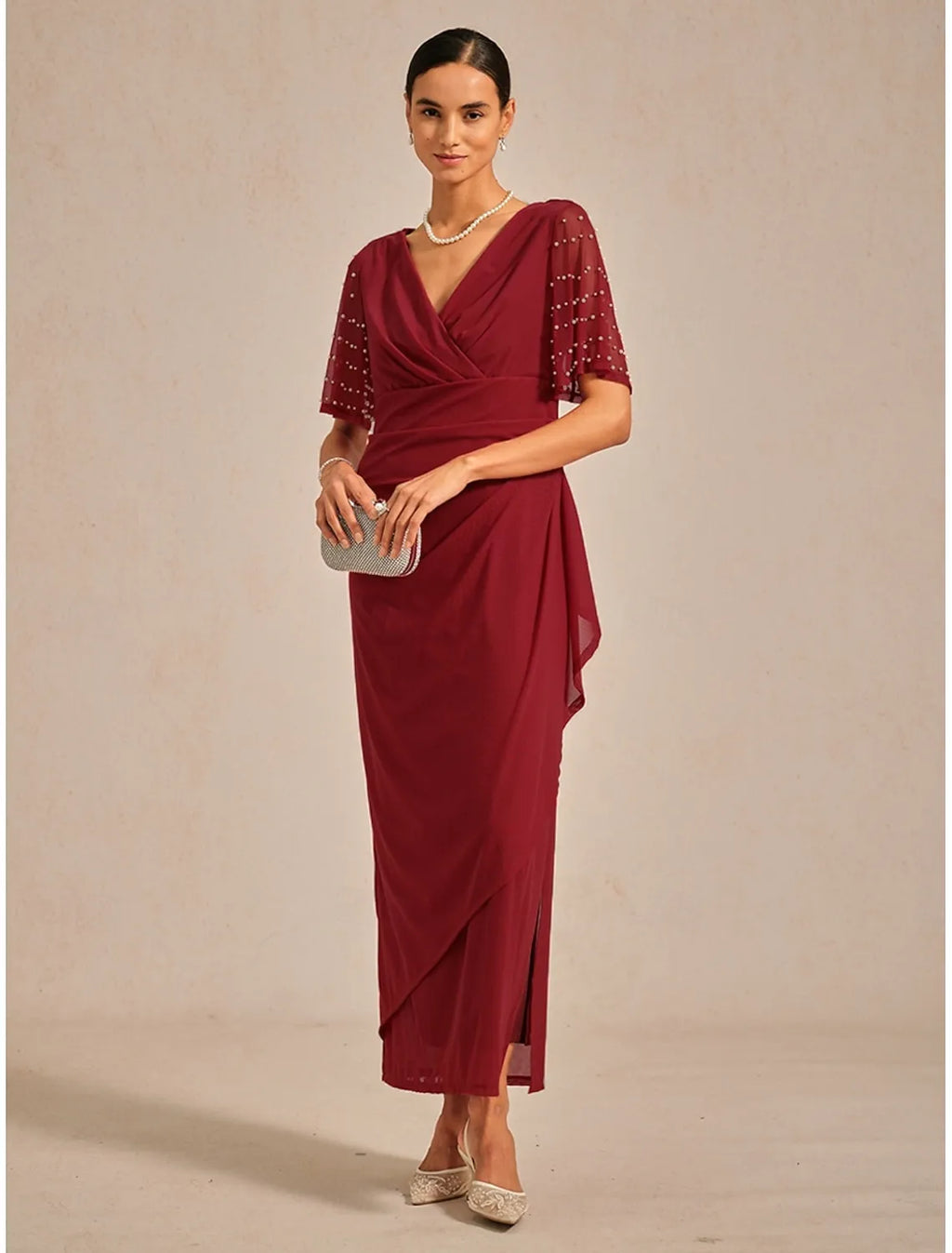 Red Sheath V-Neck Half Sleeve Beaded Maxi Evening Dress