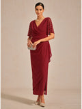 Red Sheath V-Neck Half Sleeve Beaded Maxi Evening Dress