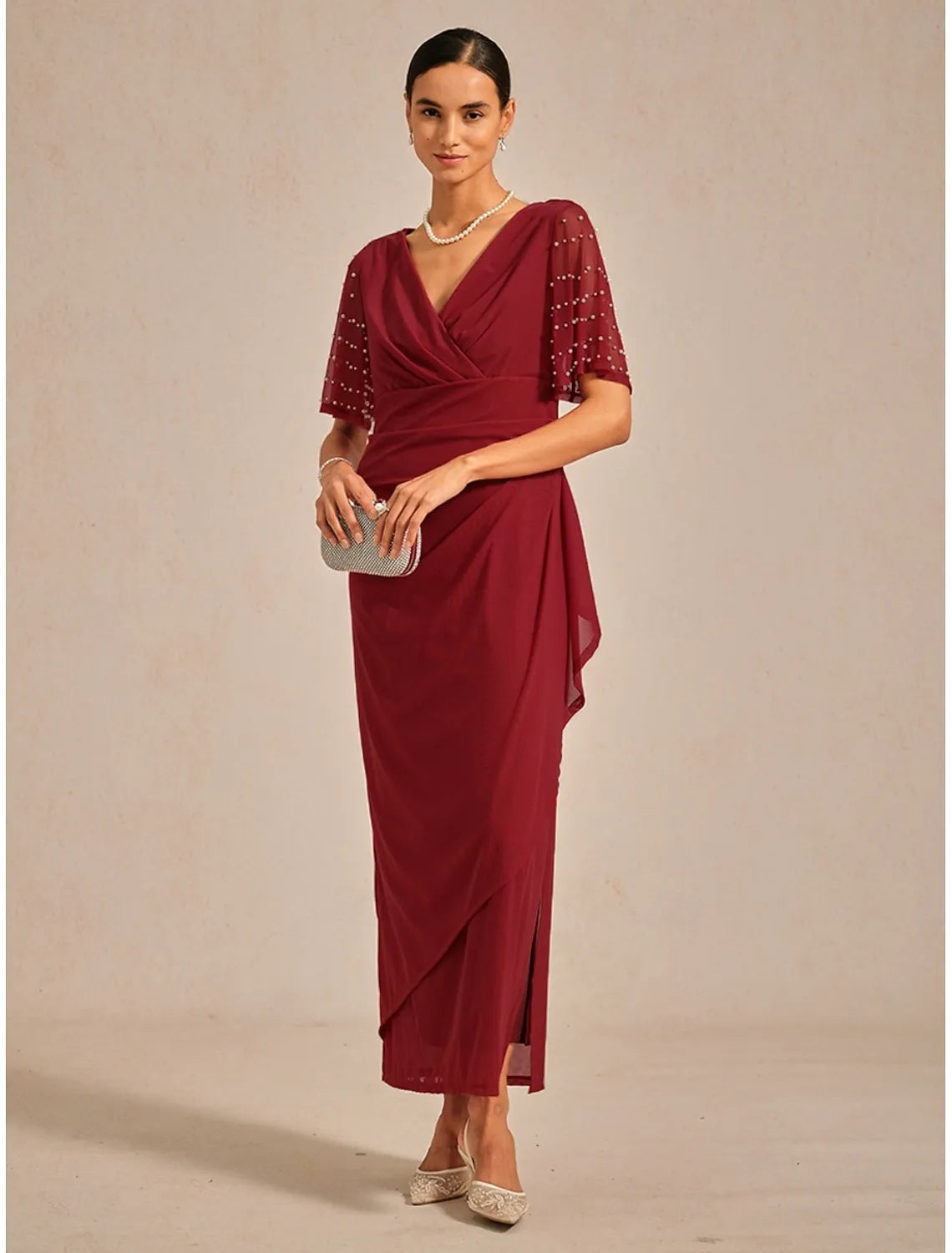 Red Sheath V-Neck Half Sleeve Beaded Maxi Evening Dress