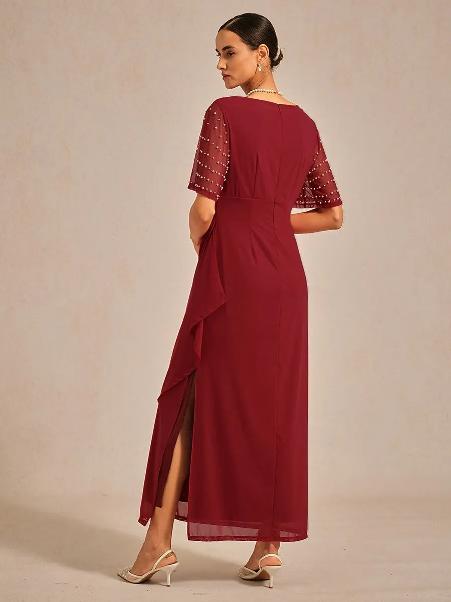 Red Sheath V-Neck Half Sleeve Beaded Maxi Evening Dress