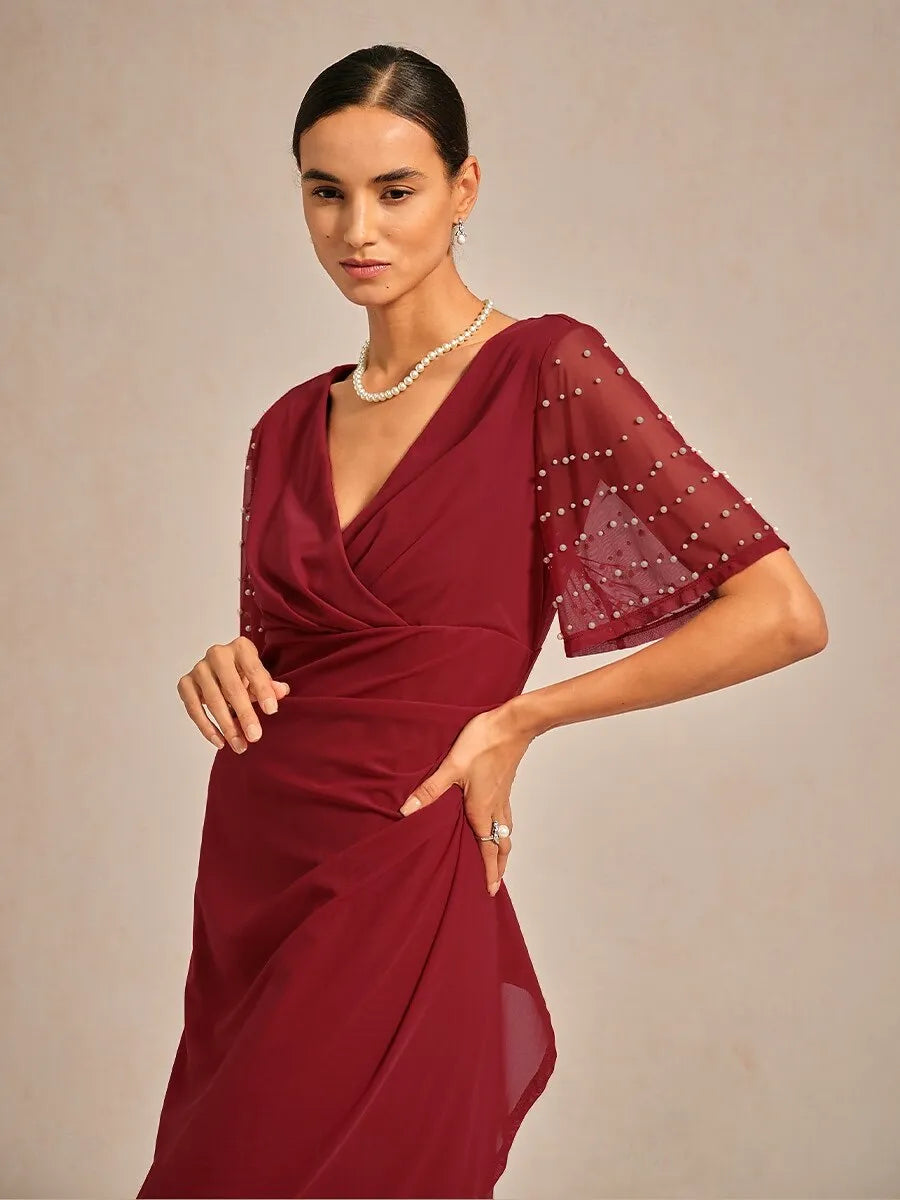 Red Sheath V-Neck Half Sleeve Beaded Maxi Evening Dress