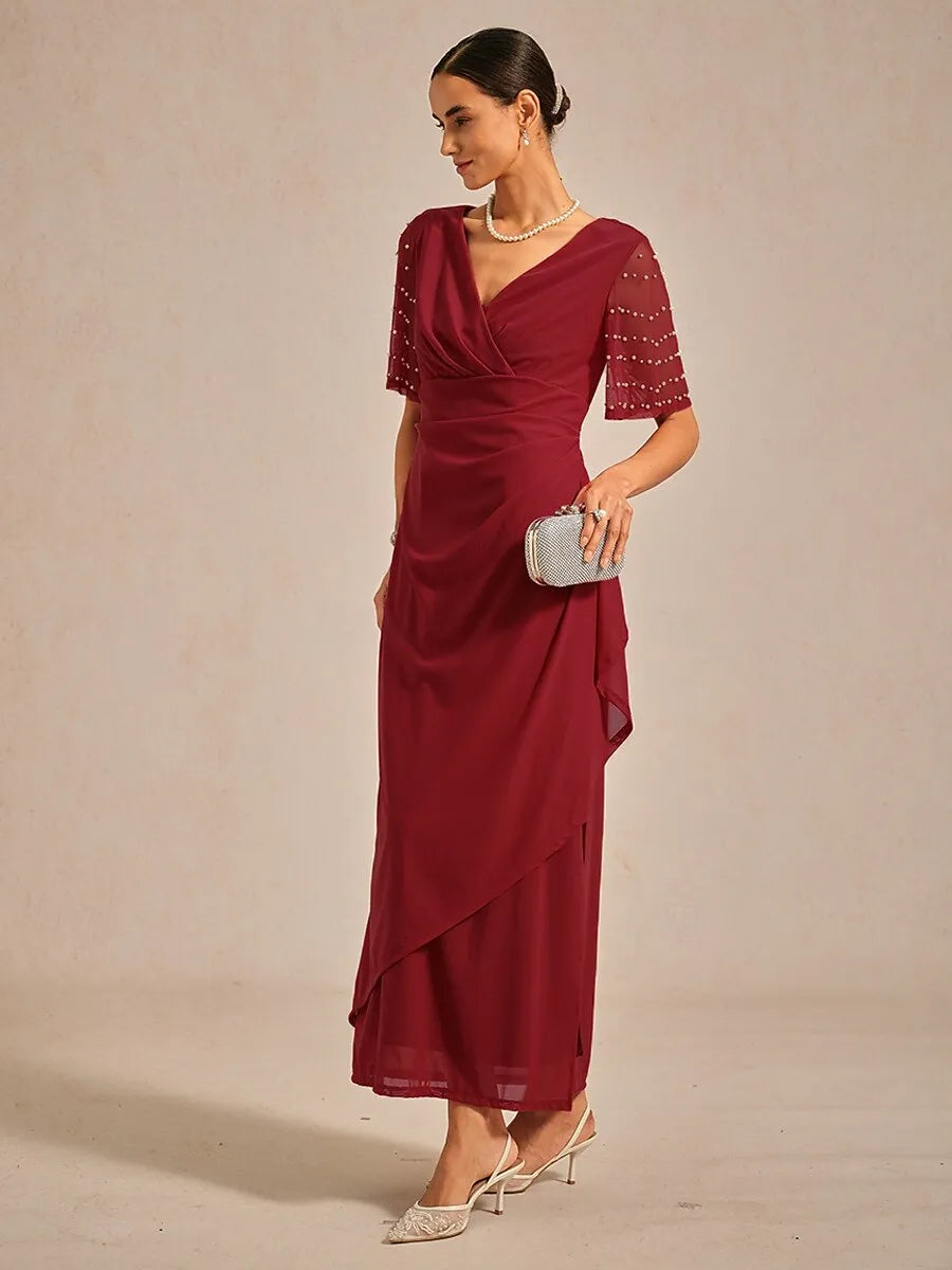 Red Sheath V-Neck Half Sleeve Beaded Maxi Evening Dress