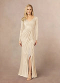 Sheath V-Neck Long-Sleeve Back Zip Floor-Length Mermaid Side Leg Slit Mother of the Bride Dress