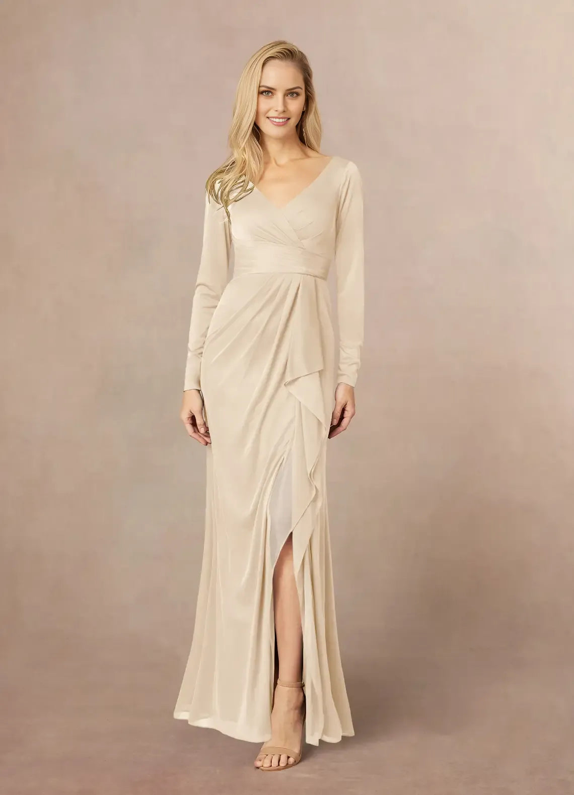 Sheath V-Neck Long-Sleeve Back Zip Floor-Length Mermaid Side Leg Slit Mother of the Bride Dress