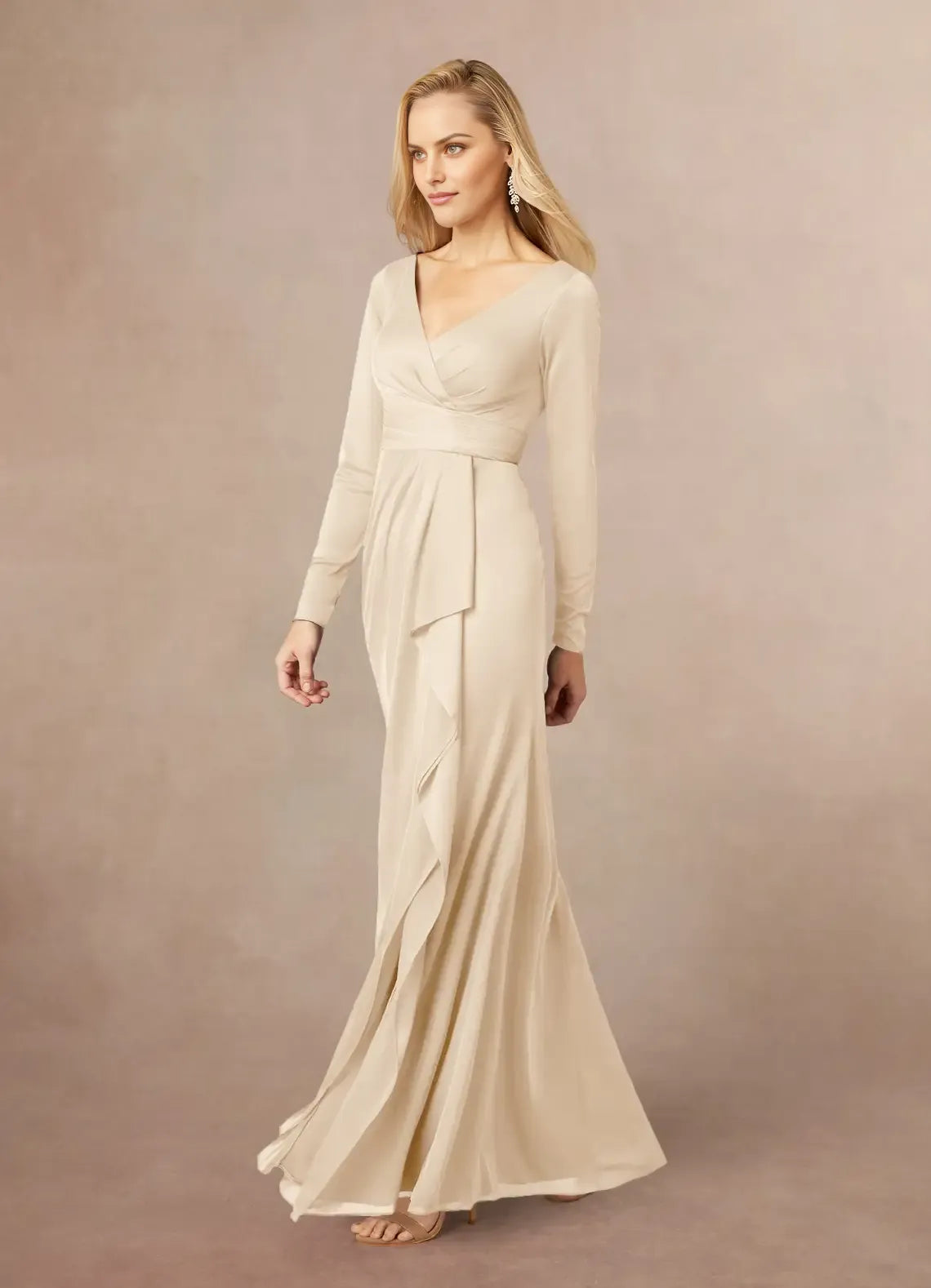 Sheath V-Neck Long-Sleeve Back Zip Floor-Length Mermaid Side Leg Slit Mother of the Bride Dress