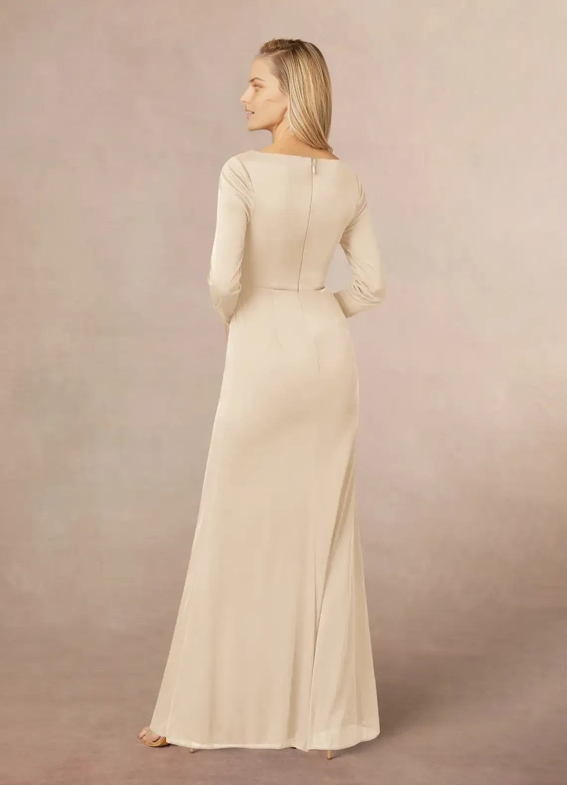 Sheath V-Neck Long-Sleeve Back Zip Floor-Length Mermaid Side Leg Slit Mother of the Bride Dress