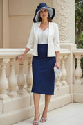 Elegant Navy Blue Lace Sheath V-Neck Long Sleeve Tea-Length Mother of the Bride Dress