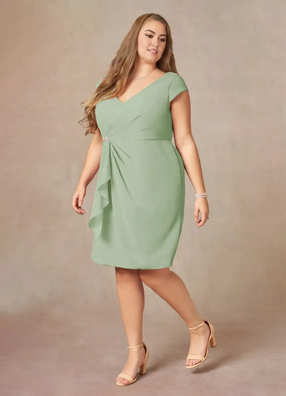 Elegant Red Chiffon Sheath V-Neck Pleated Knee-Length Mother of the Bride Dress