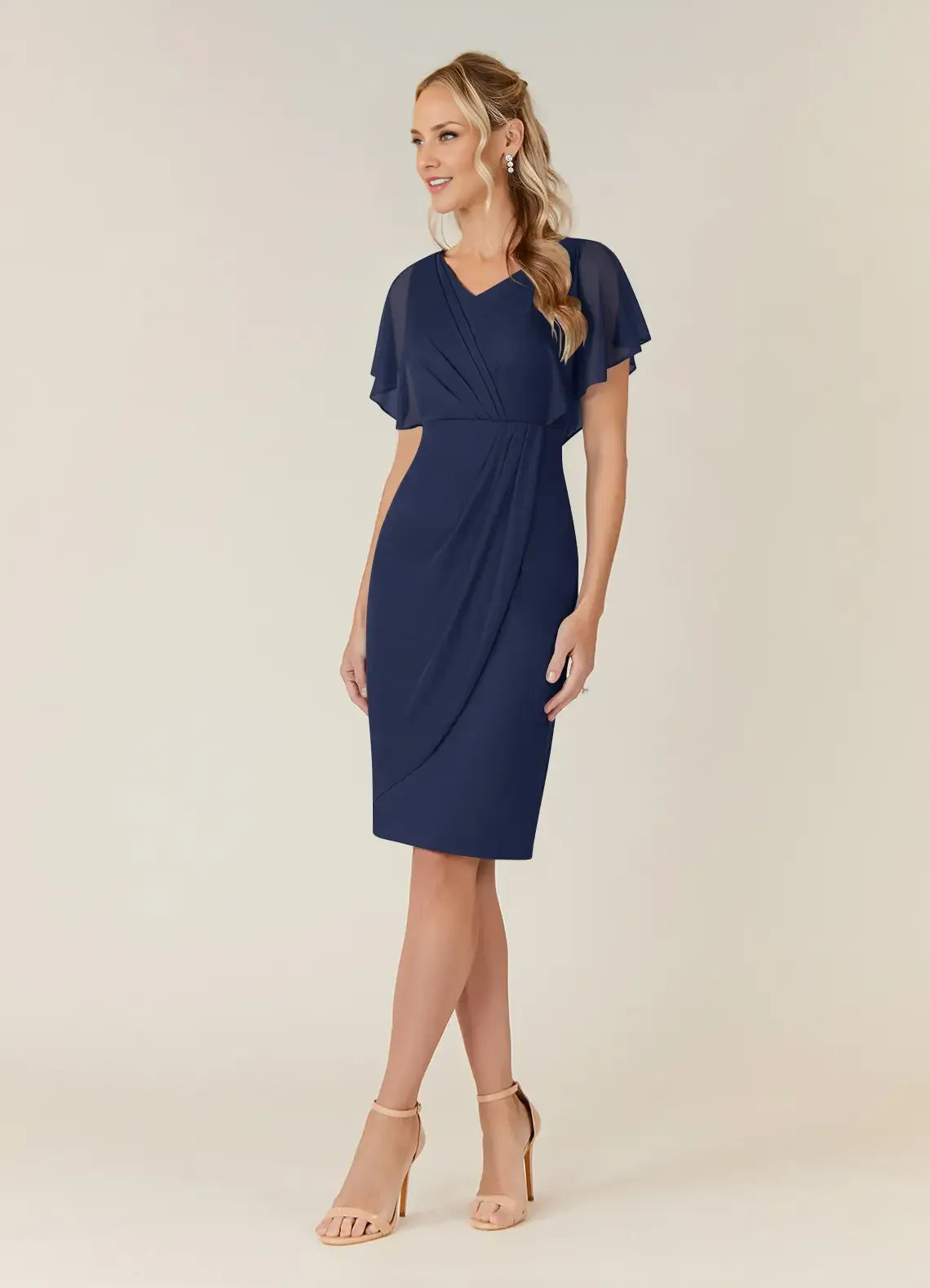 Stylish Elegant Navy Blue Chiffon Sheath Knee-Length Mother of the Bride Dress