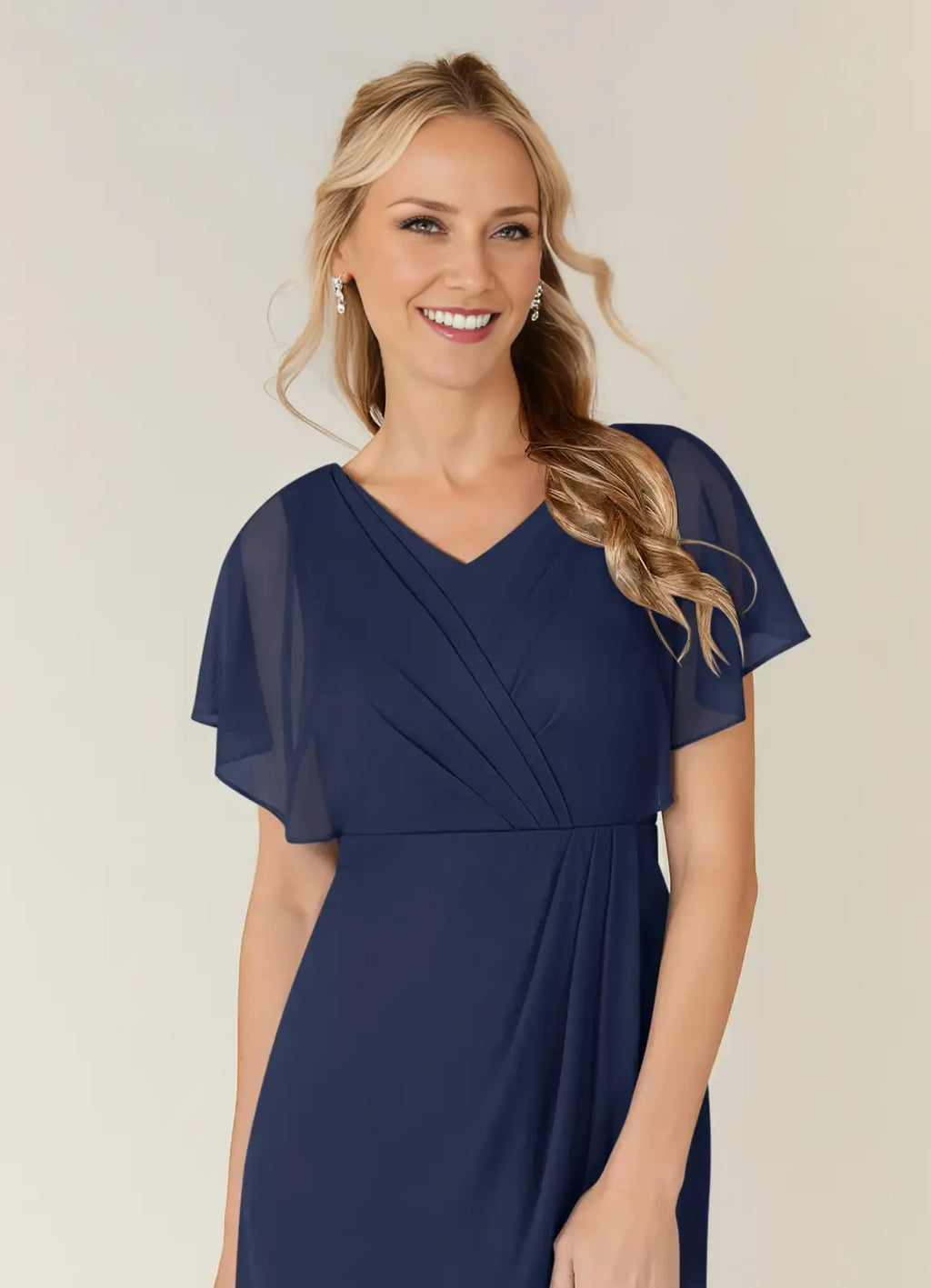 Stylish Elegant Navy Blue Chiffon Sheath Knee-Length Mother of the Bride Dress