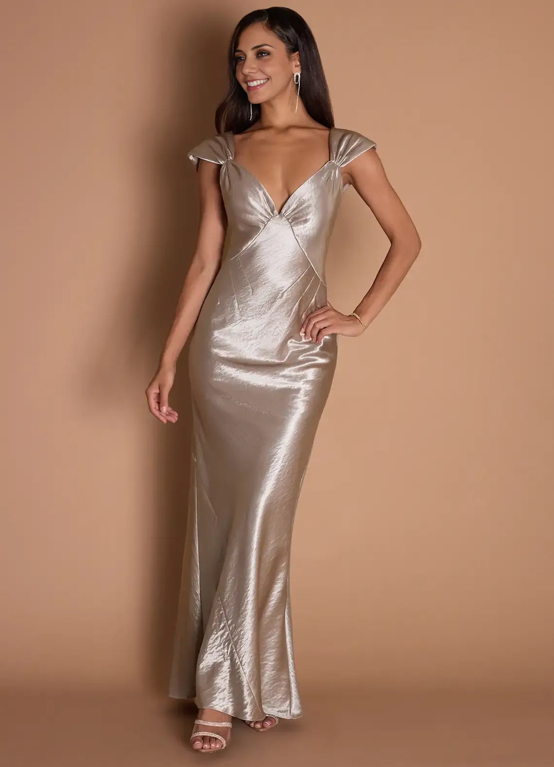 Graceful Stylish Refined Beautiful Elegant Champagne Satin Sheath Sleeveless Floor-Length Evening Dress