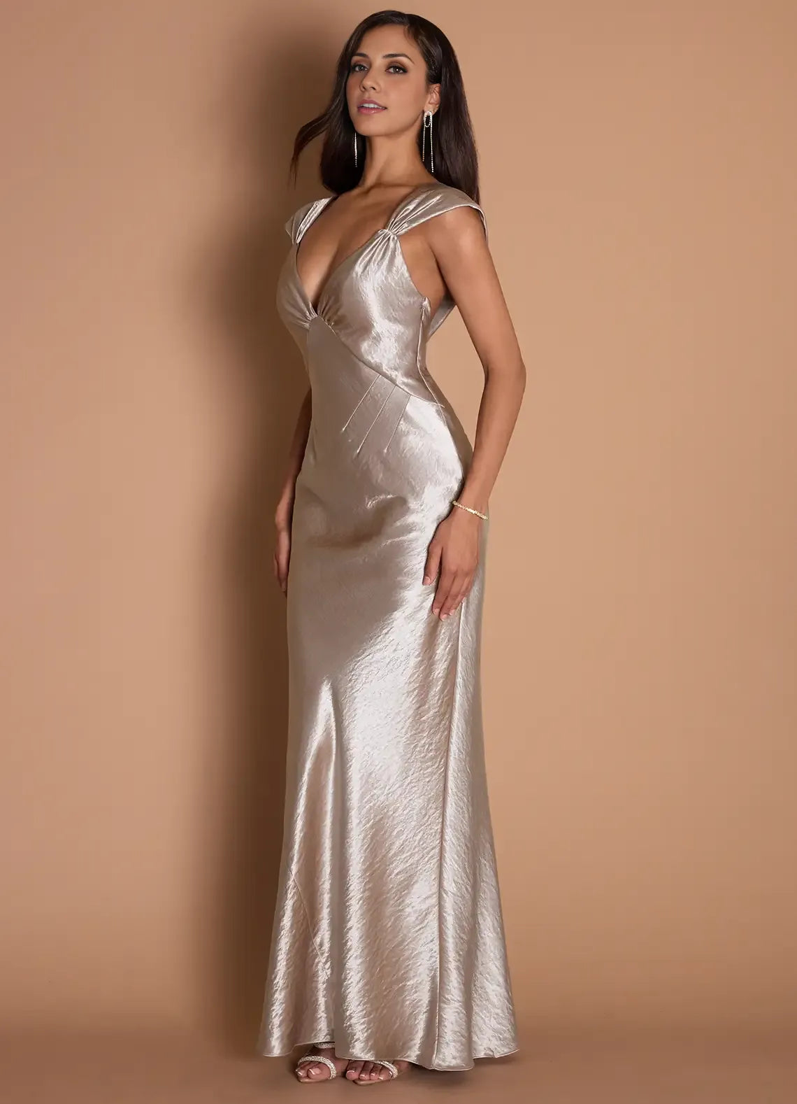 Graceful Stylish Refined Beautiful Elegant Champagne Satin Sheath Sleeveless Floor-Length Evening Dress