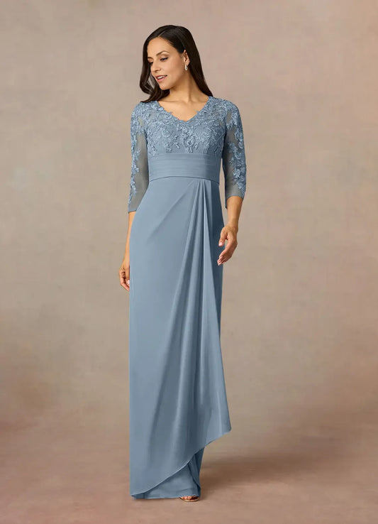 Refined Elegant Dusty Blue Chiffon Sheath Floor-Length Mother of the Bride Dress