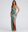Sheath square neckline spaghetti straps bodice Draped-Back Floor-Length Prom Dresses high Slit