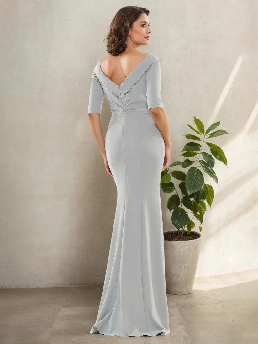 Silver Mermaid V-Neck 3/4-Sleeve Back Zip Floor-Length Beading Mother Of The Bride Dresses