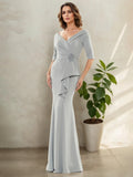Silver Mermaid V-Neck 3/4-Sleeve Back Zip Floor-Length Beading Mother Of The Bride Dresses