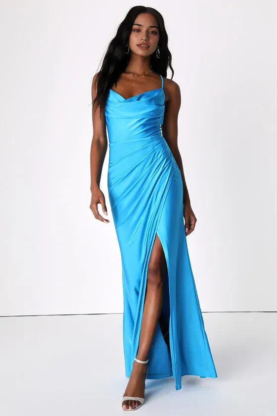 Blue Sky - Prom Dress with Cowl Neck Spaghetti Straps and High Slit Design for Formal Occasions