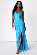 Blue Sky - Prom Dress with Cowl Neck Spaghetti Straps and High Slit Design for Formal Occasions