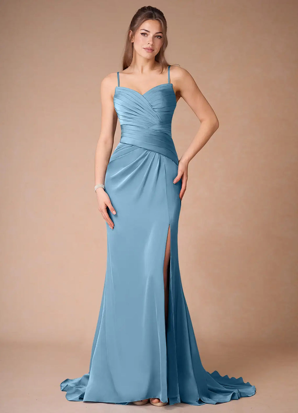 Blue Sky - Prom Dress with Spaghetti Straps Ruched Bodice High Slit and Train for Formal Occasions