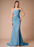 Blue Sky - Prom Dress with Spaghetti Straps Ruched Bodice High Slit and Train for Formal Occasions
