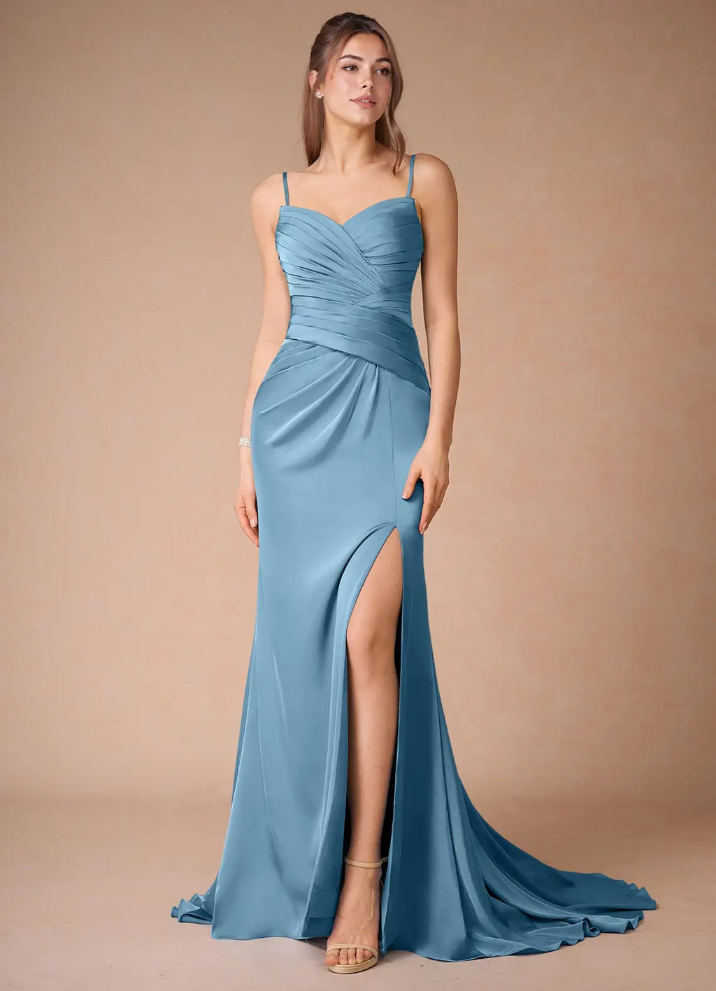 Blue Sky - Prom Dress with Spaghetti Straps Ruched Bodice High Slit and Train for Formal Occasions