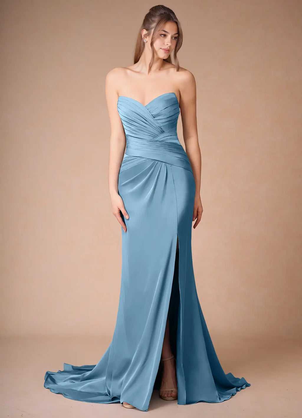 Blue Sky - Prom Dress with Spaghetti Straps Ruched Bodice High Slit and Train for Formal Occasions