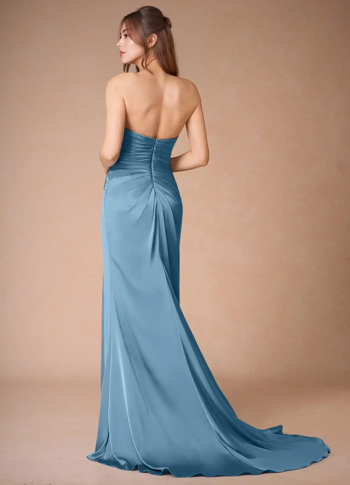 Blue Sky - Prom Dress with Spaghetti Straps Ruched Bodice High Slit and Train for Formal Occasions