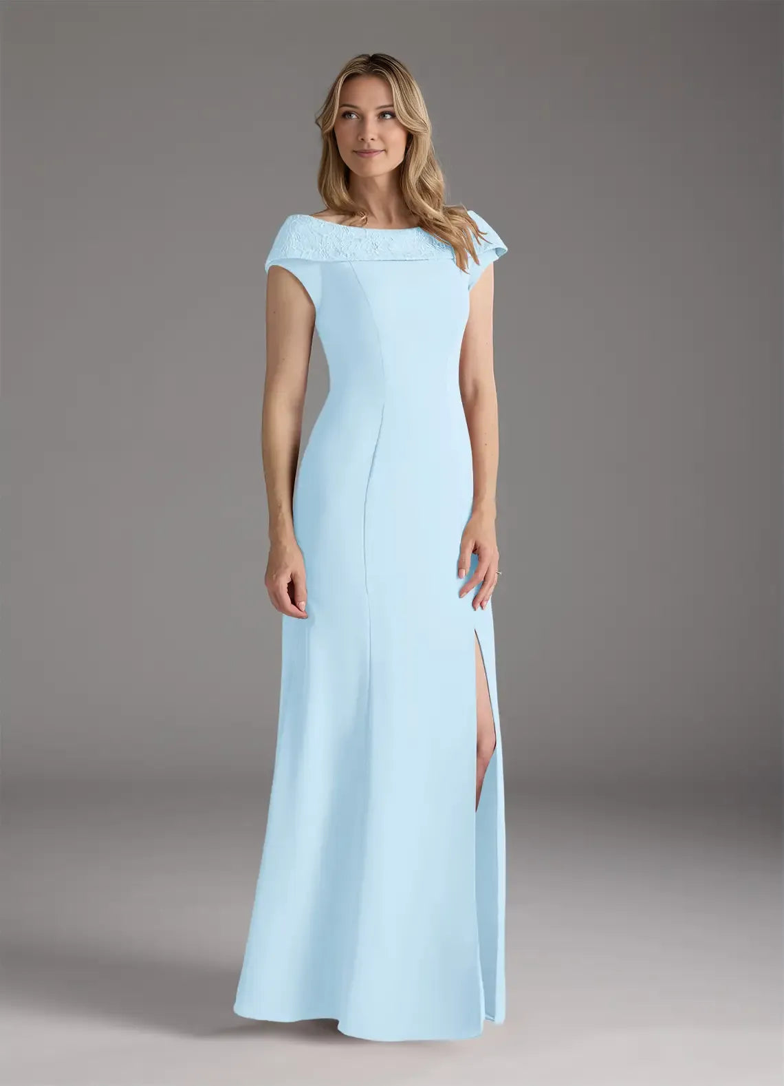 Sky Blue A-Line Boatneck Mother of the Bride Dress with Off - Shoulder Neckline Cap Sleeves Side Slit