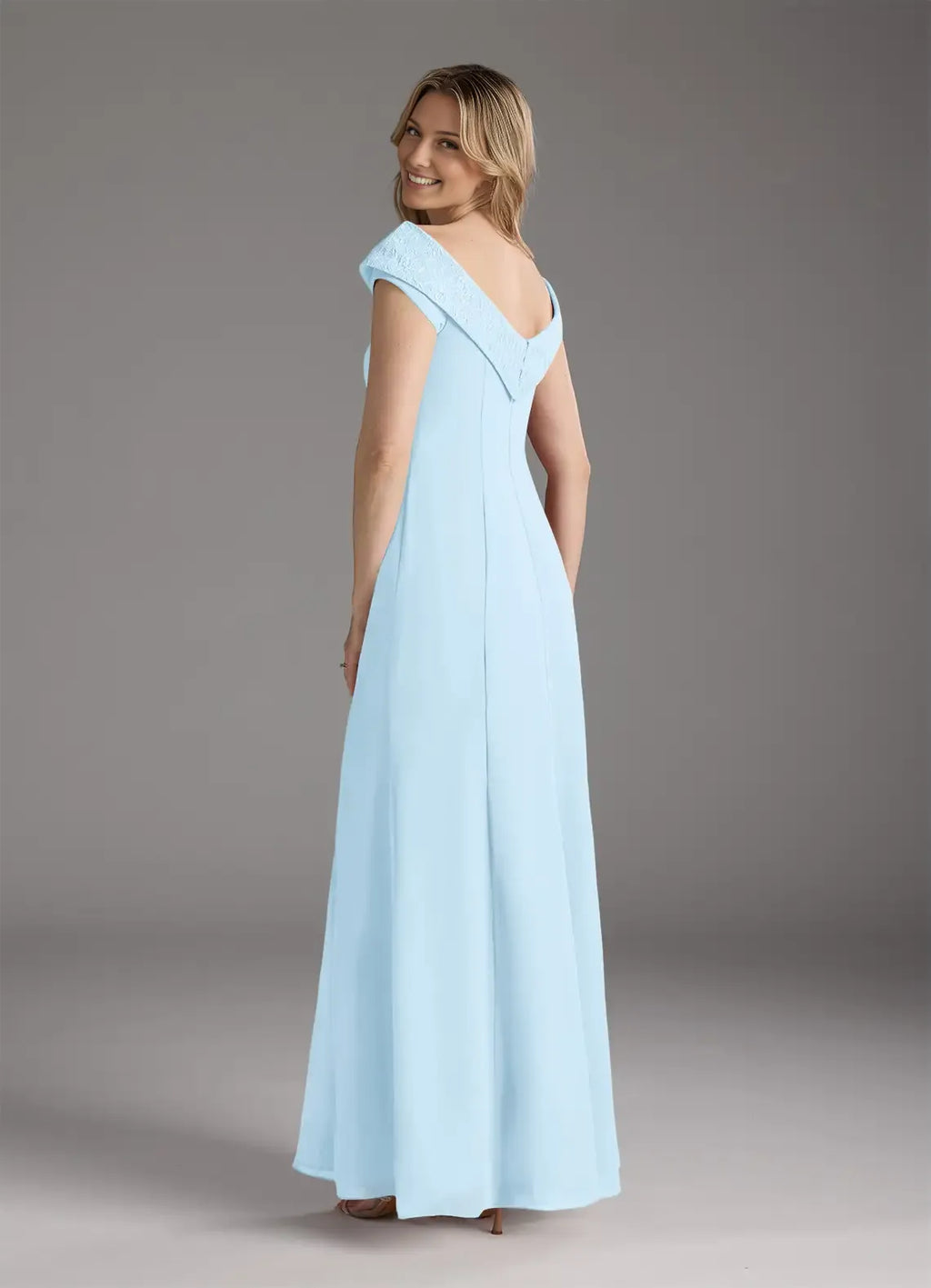 Sky Blue A-Line Boatneck Mother of the Bride Dress with Off - Shoulder Neckline Cap Sleeves Side Slit