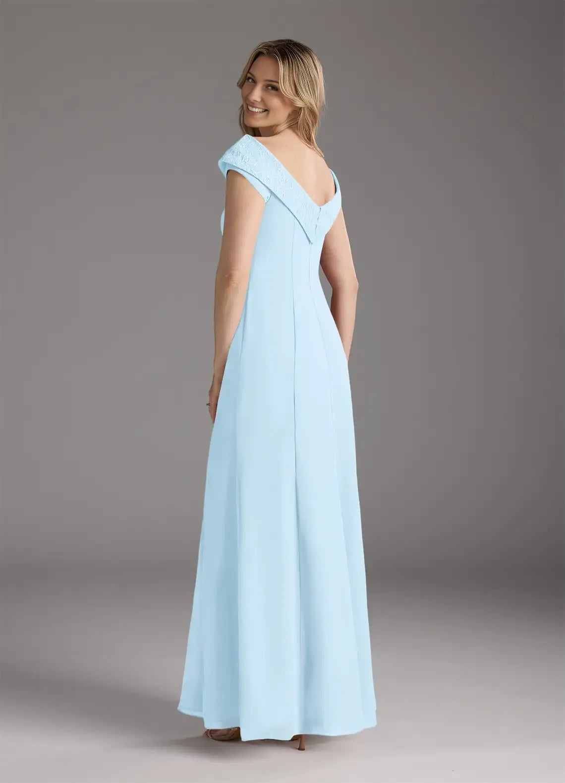 Sky Blue A-Line Boatneck Mother of the Bride Dress with Off - Shoulder Neckline Cap Sleeves Side Slit