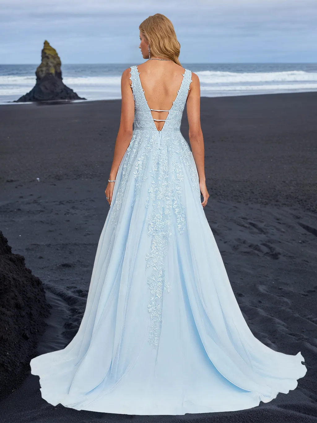 Sky Blue A-Line Deep V-Neck Sleeveless V back Floor-Length Prom Dresses with Appliques