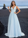 Sky Blue A-Line Deep V-Neck Sleeveless V back Floor-Length Prom Dresses with Appliques