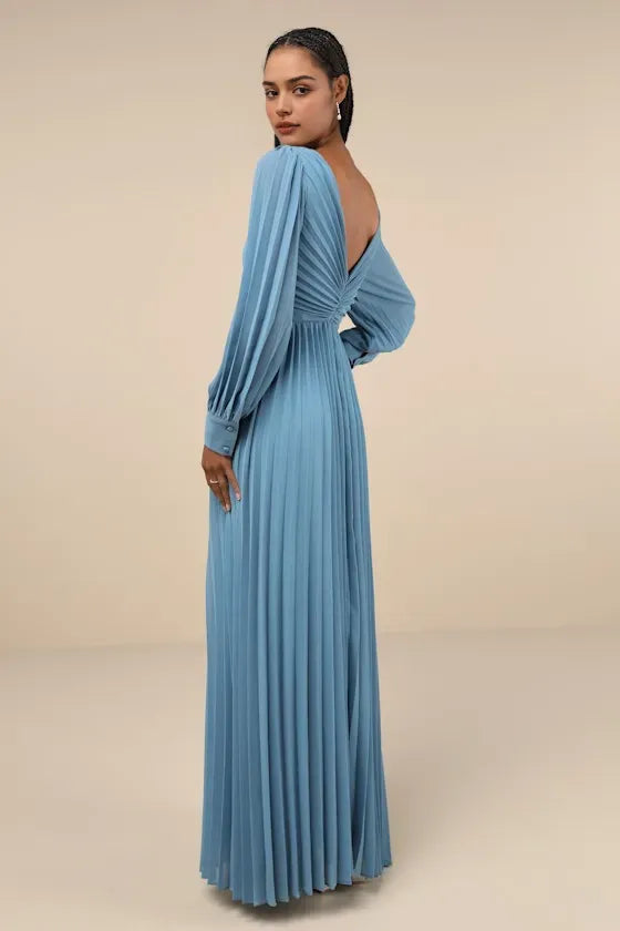 Sky Blue Pleated Evening Dresses with Plunging V - Neck Long Bishop Sleeves Ruched Bodice Perfect for Sophisticated Formal Galas