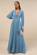 Sky Blue Pleated Evening Dresses with Plunging V - Neck Long Bishop Sleeves Ruched Bodice Perfect for Sophisticated Formal Galas